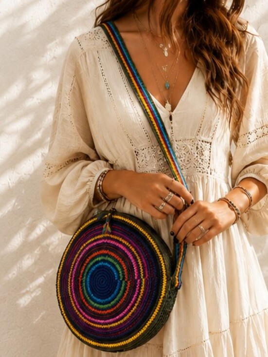 Hand Crafted Handbags - ❤ Round Crochet Crossbody Rainbow Bag Fringe Zippered Boho Festival Artisan